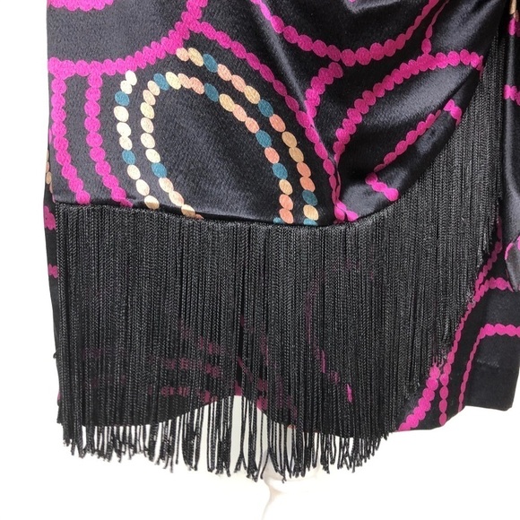 Trina Turk 100% silk one-shoulder black purple dress LBD fringe faux wrap 4 - Picture 9 of 13